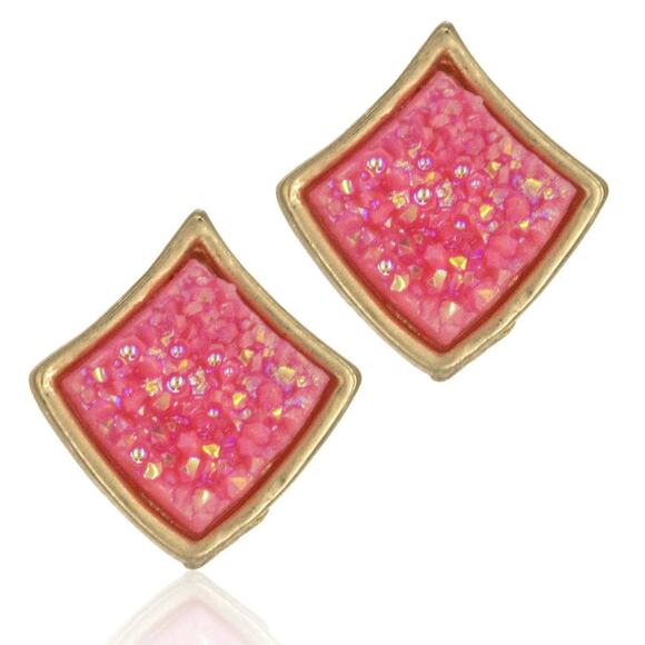 Druzy Stone Square Diamond Shape Stud Earrings Hot Pink - Picture 1 of 2